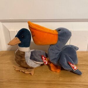 Ty Plush Duck & Pelican Pair - Gray, Orange, Brown, Green